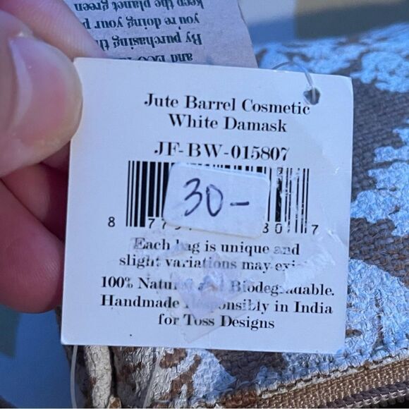 Toss Designs NWT Jute Barrel Cosmetic Bag White Damask, 8” X 4.5” - Picture 7 of 10